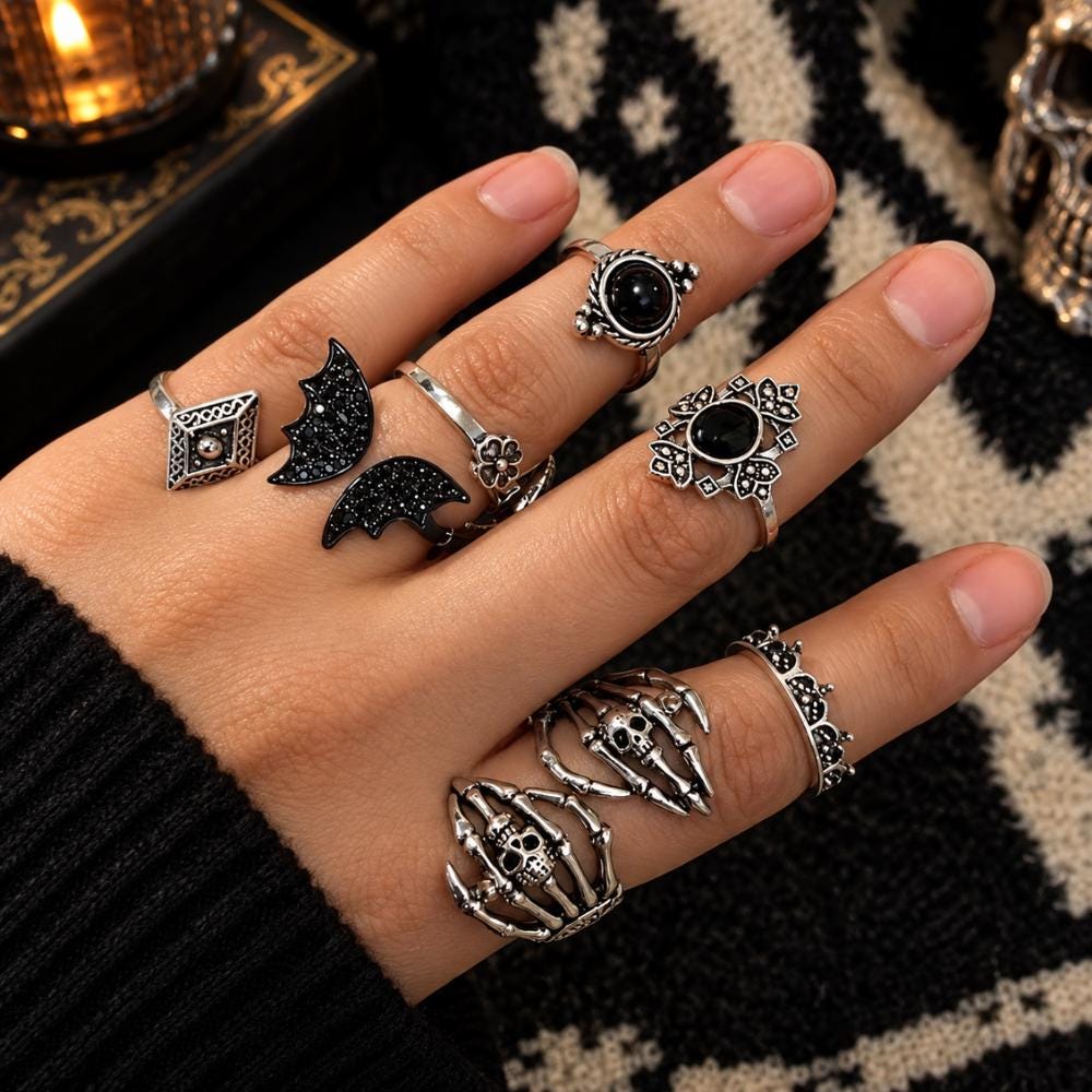 Gothic black bat ring worn on the hand for a Halloween look