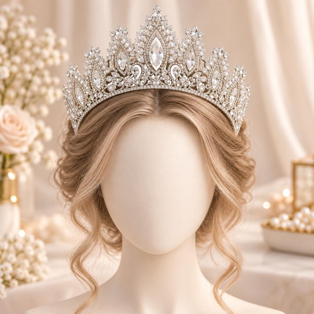 Rhinestone wedding crown in silver crystal, close-up of the gems