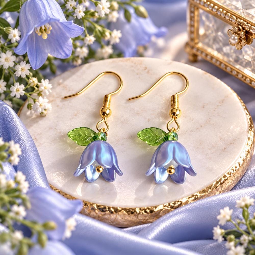 Flower earrings with dainty dangle drops worn with a dress