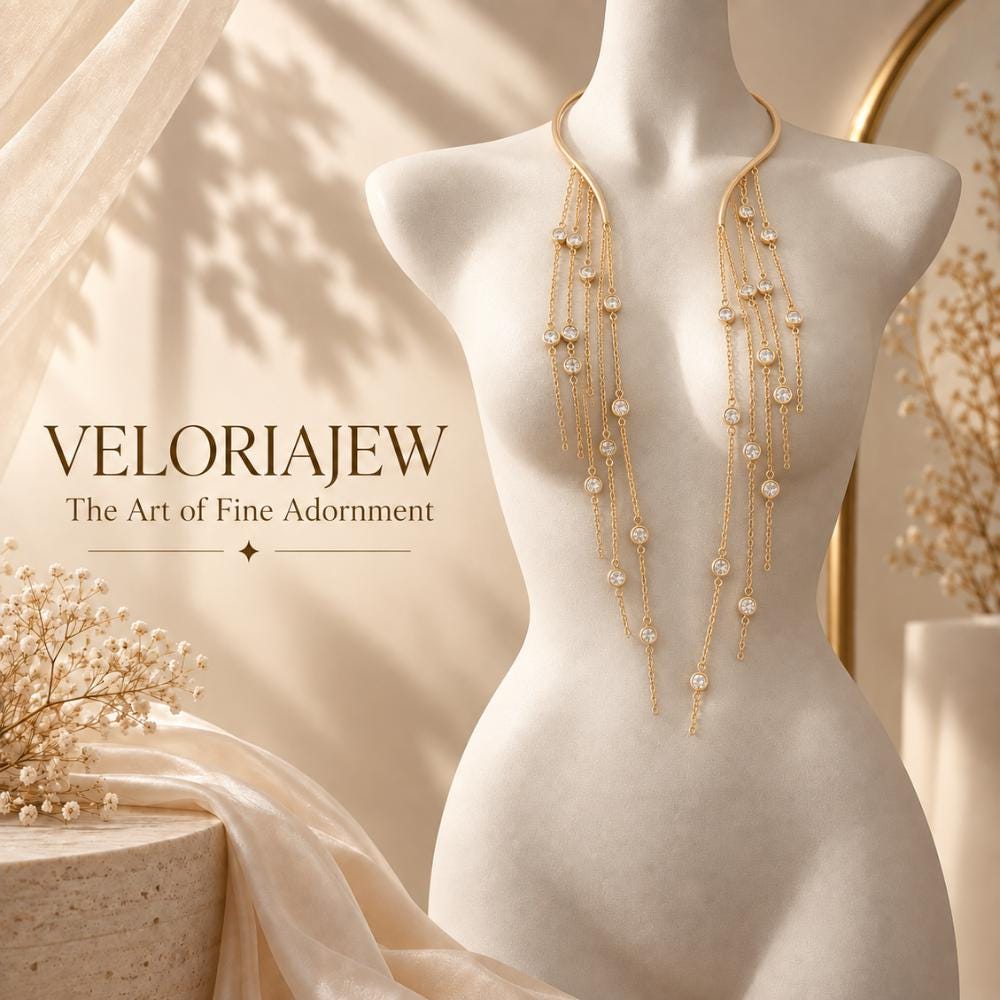 Gold body chain with layered waist chains, close-up view