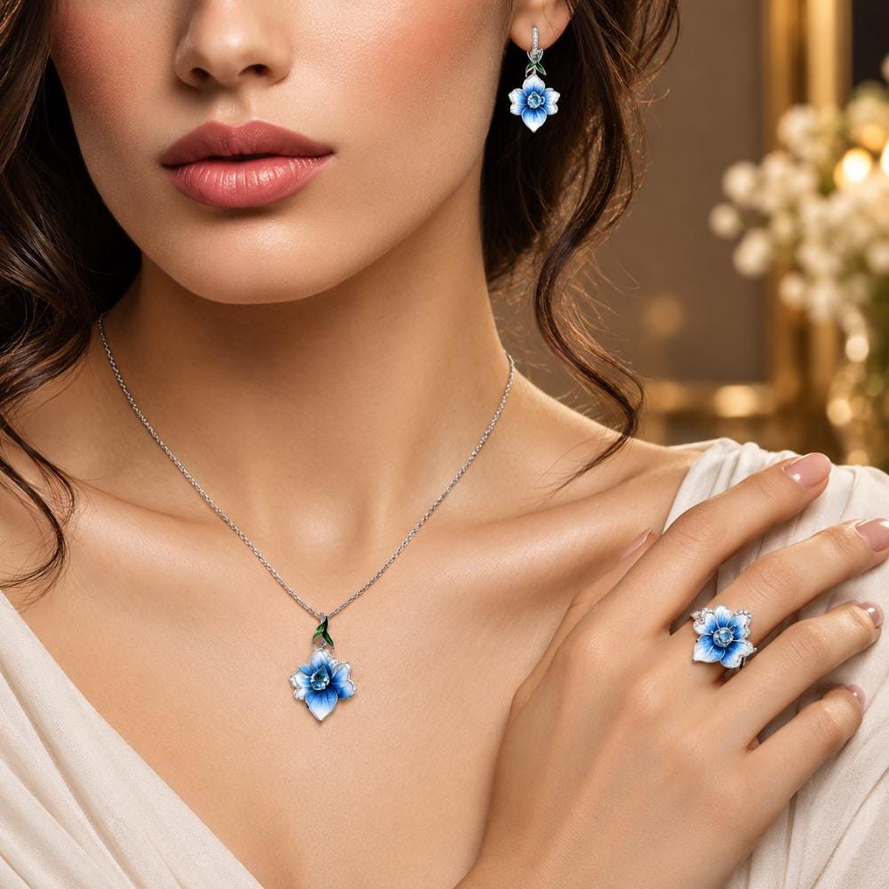 Flower jewelry set laid flat showing the necklace and matching earrings