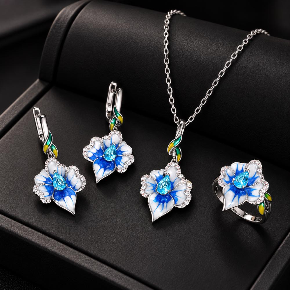 Flower jewelry set with gold floral necklace and earrings worn together