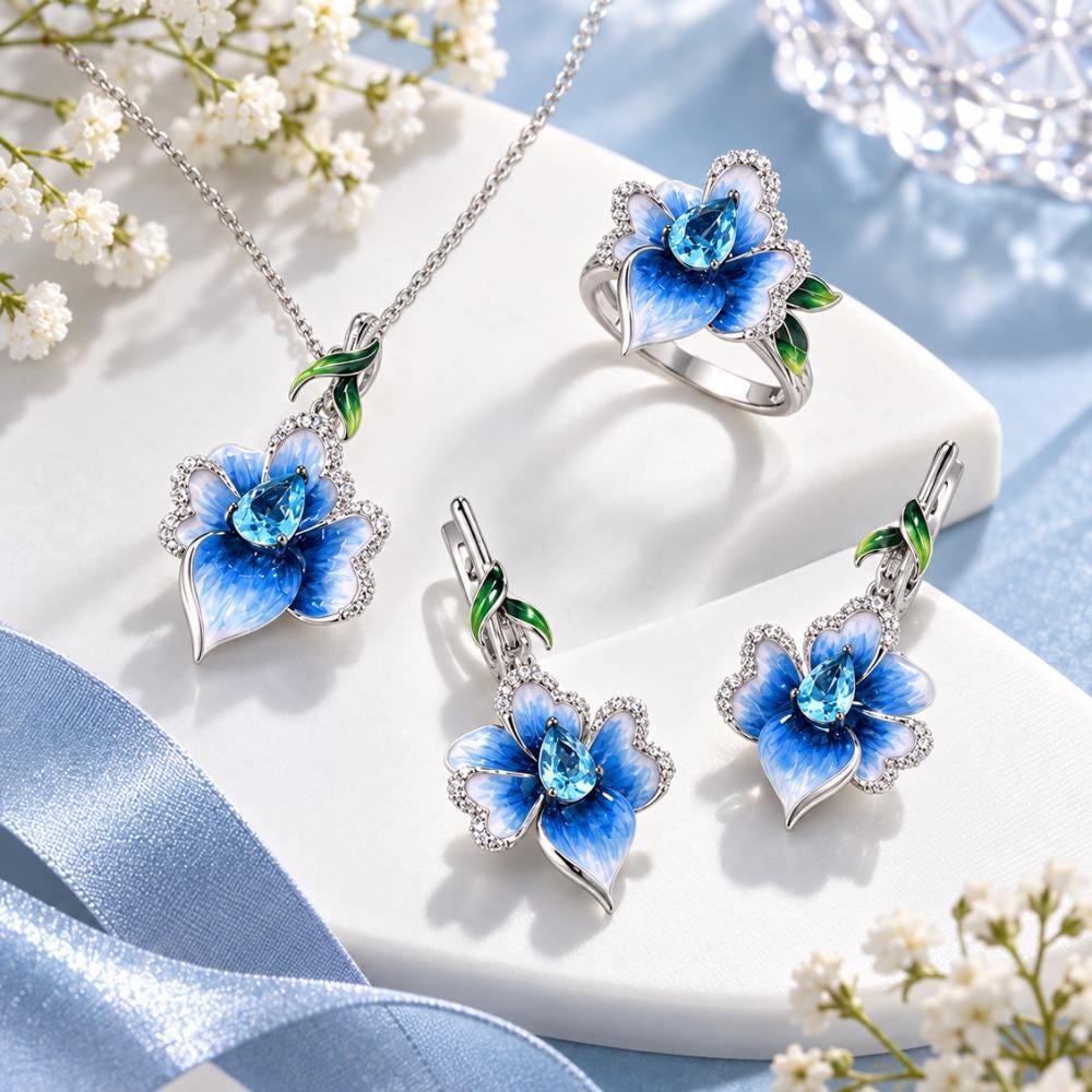 Gold flower jewelry set, close-up of the crystal floral necklace