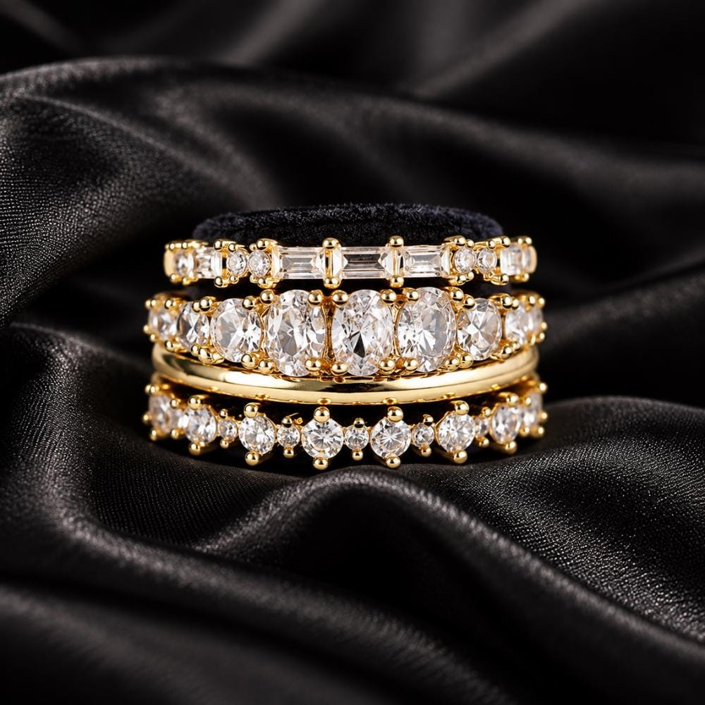 Gold eternity band ring with pave CZ stones worn on the hand