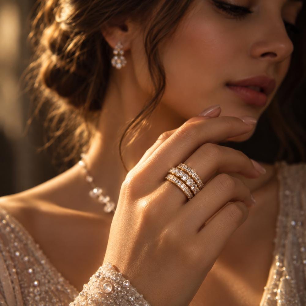 Gold pave wedding band in a stackable eternity design
