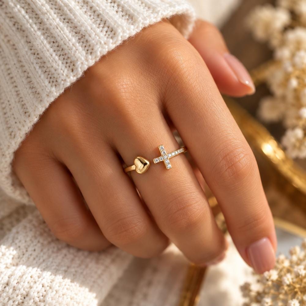 Adjustable faith ring with an open cross heart design