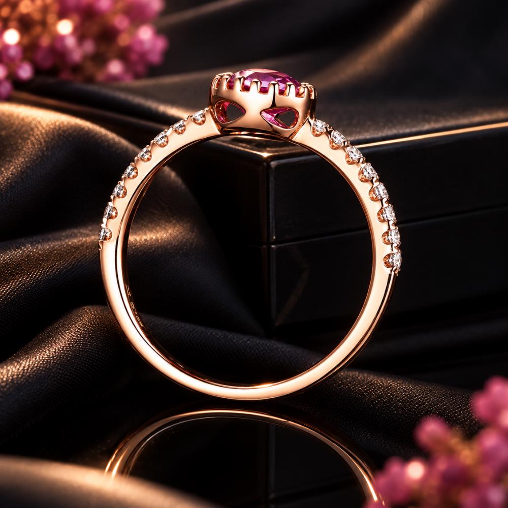 Pink flower ring shown at an angle on its slim band