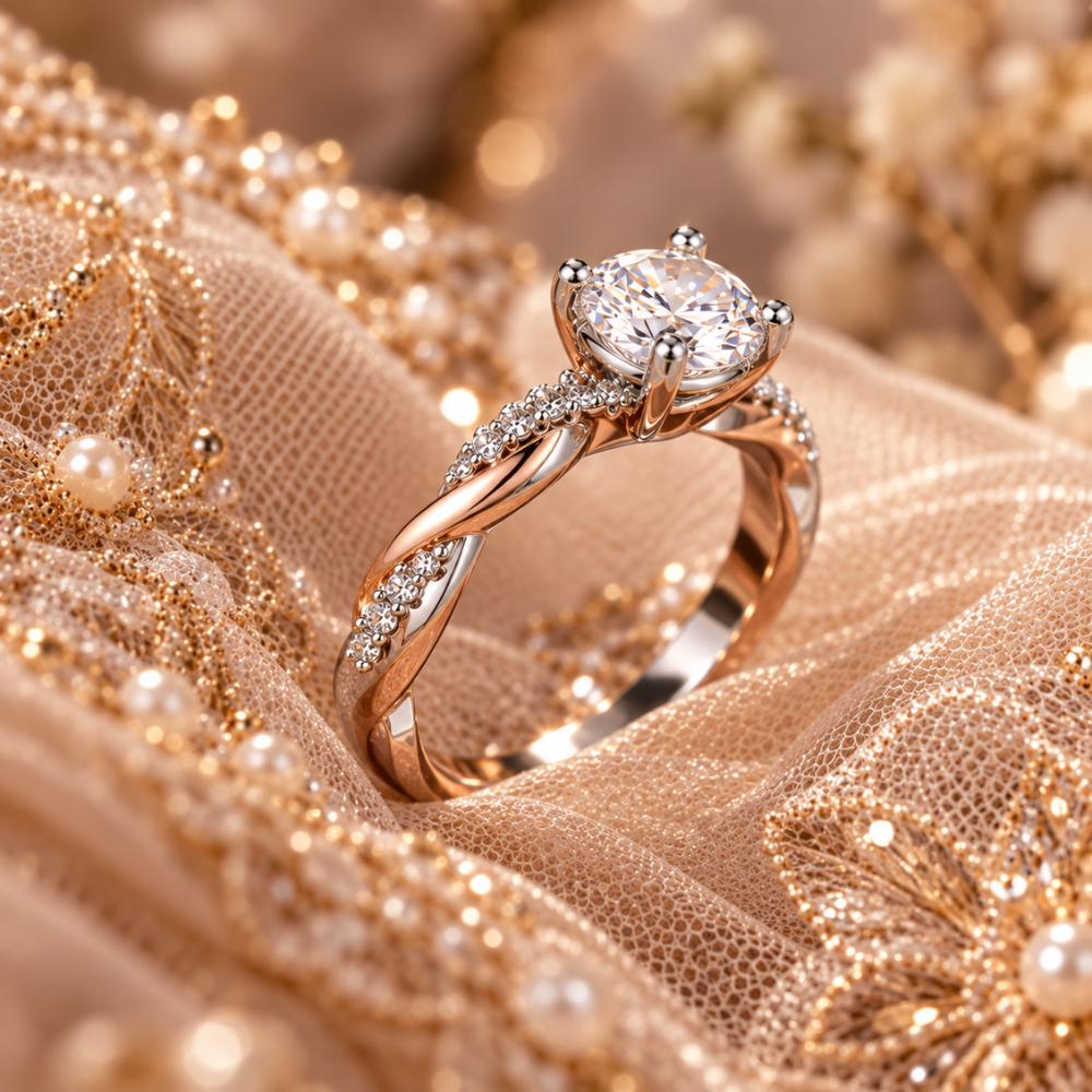 Round moissanite solitaire ring on a twisted band, close-up sparkle