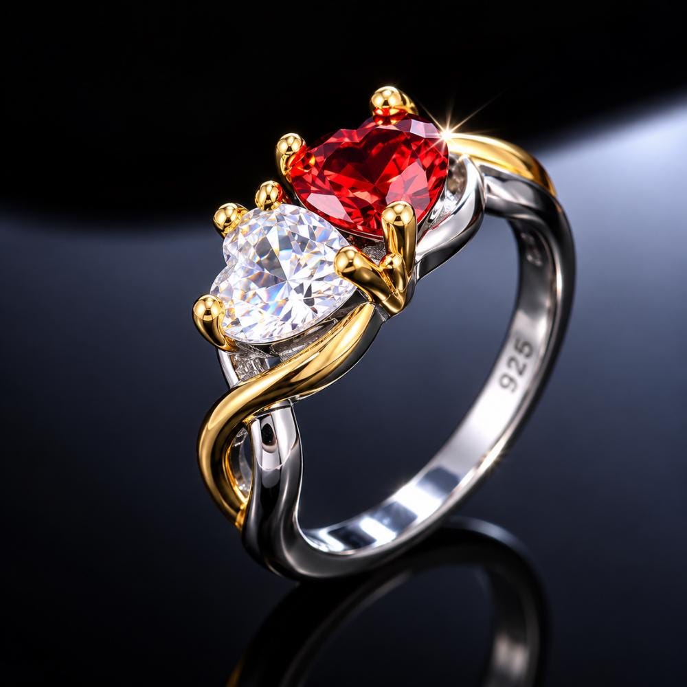 Double heart ring in sterling silver worn on the hand