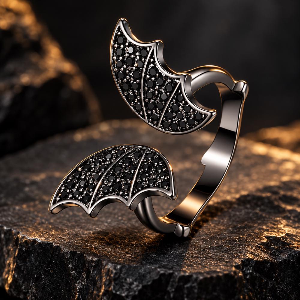 Bat ring with dark gothic detailing, close-up view