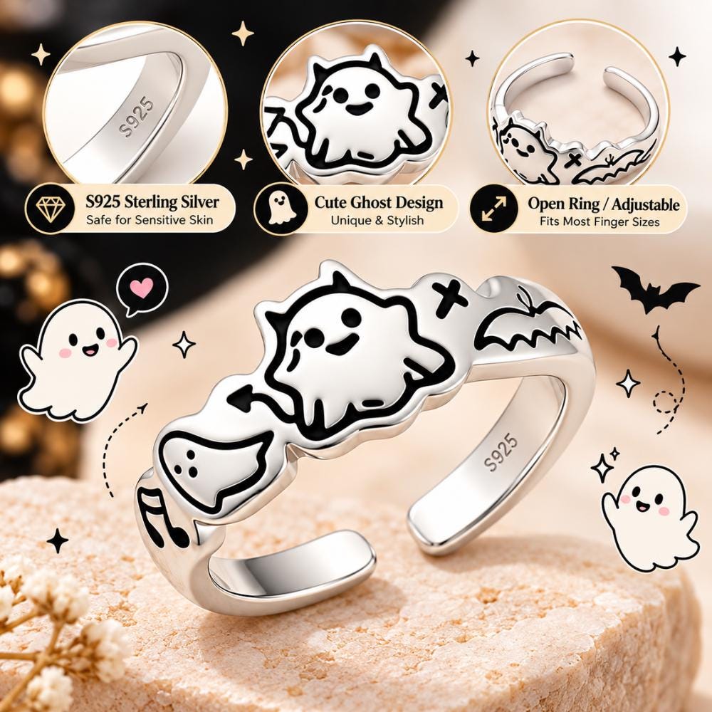 Halloween ghost ring with moissanite sparkle, close-up detail