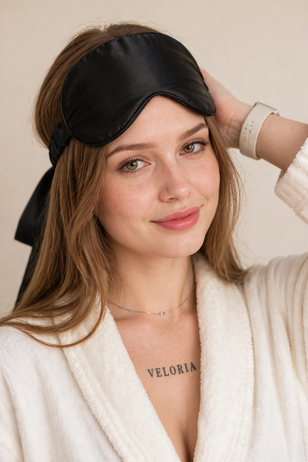 Silk Sleep Eye Mask - Satin Eye Cover worn by model | Veloria