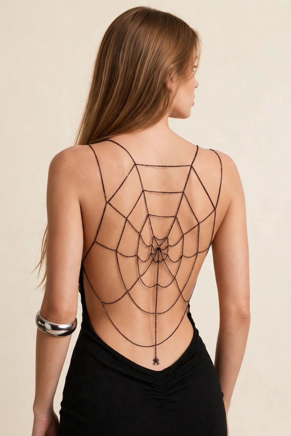 Spider Web Body Chain - Gothic Back Harness worn by model | Veloria