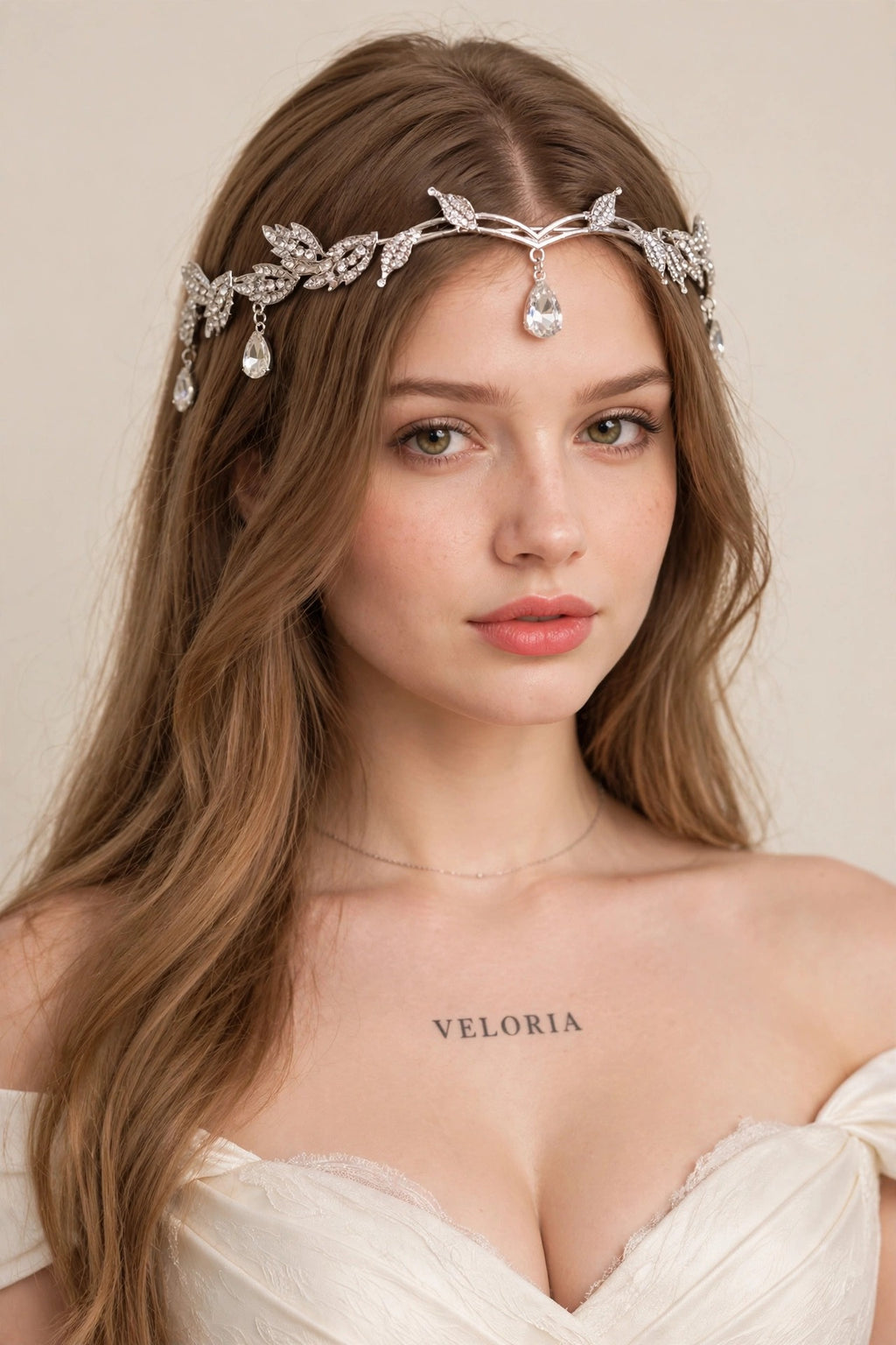 Crystal Leaf Tiara Crown - Waterdrop Headband worn by model | Veloria