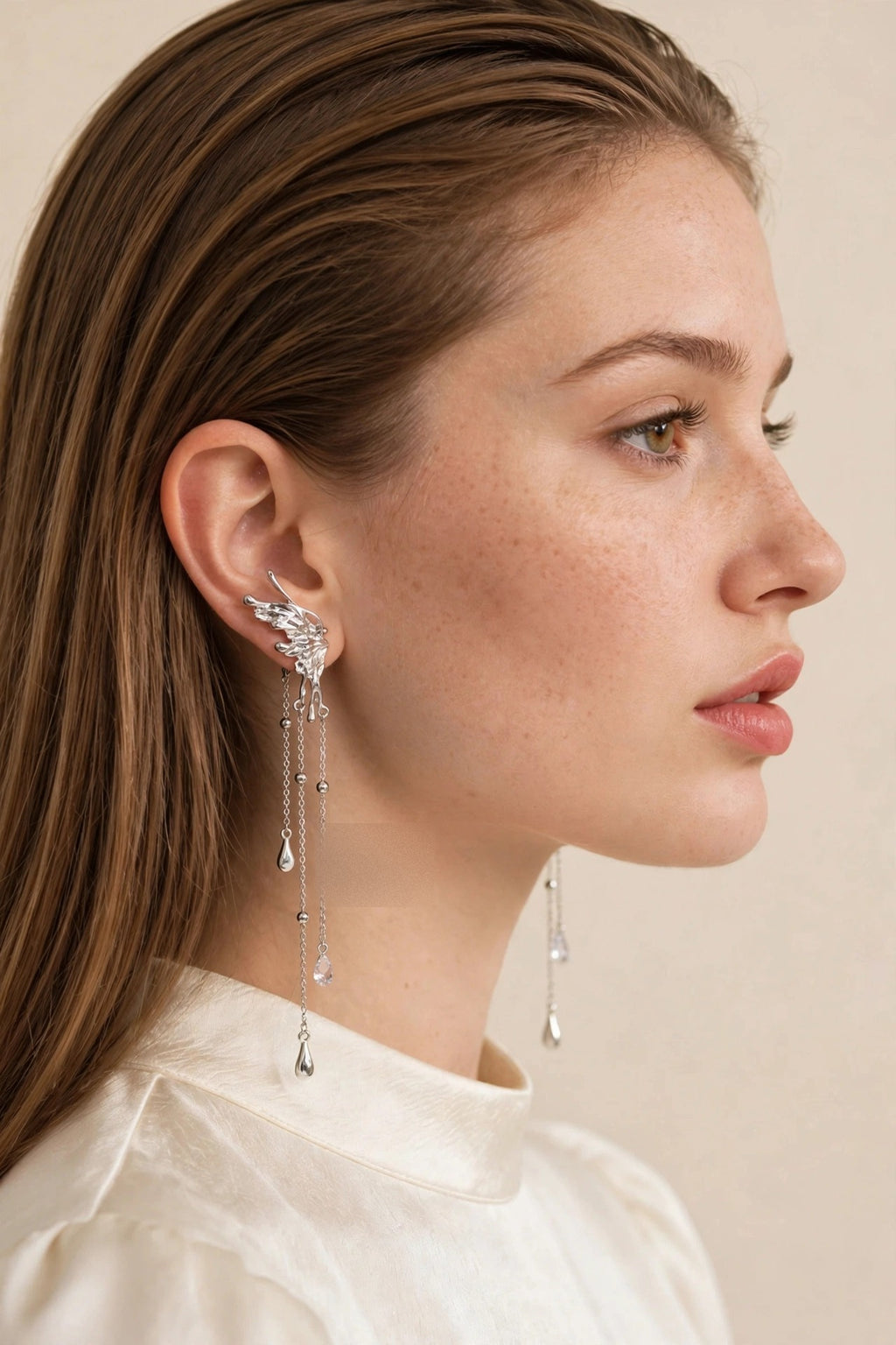 Butterfly Tassel Clip Earrings - Elf Ear Style worn by model | Veloria
