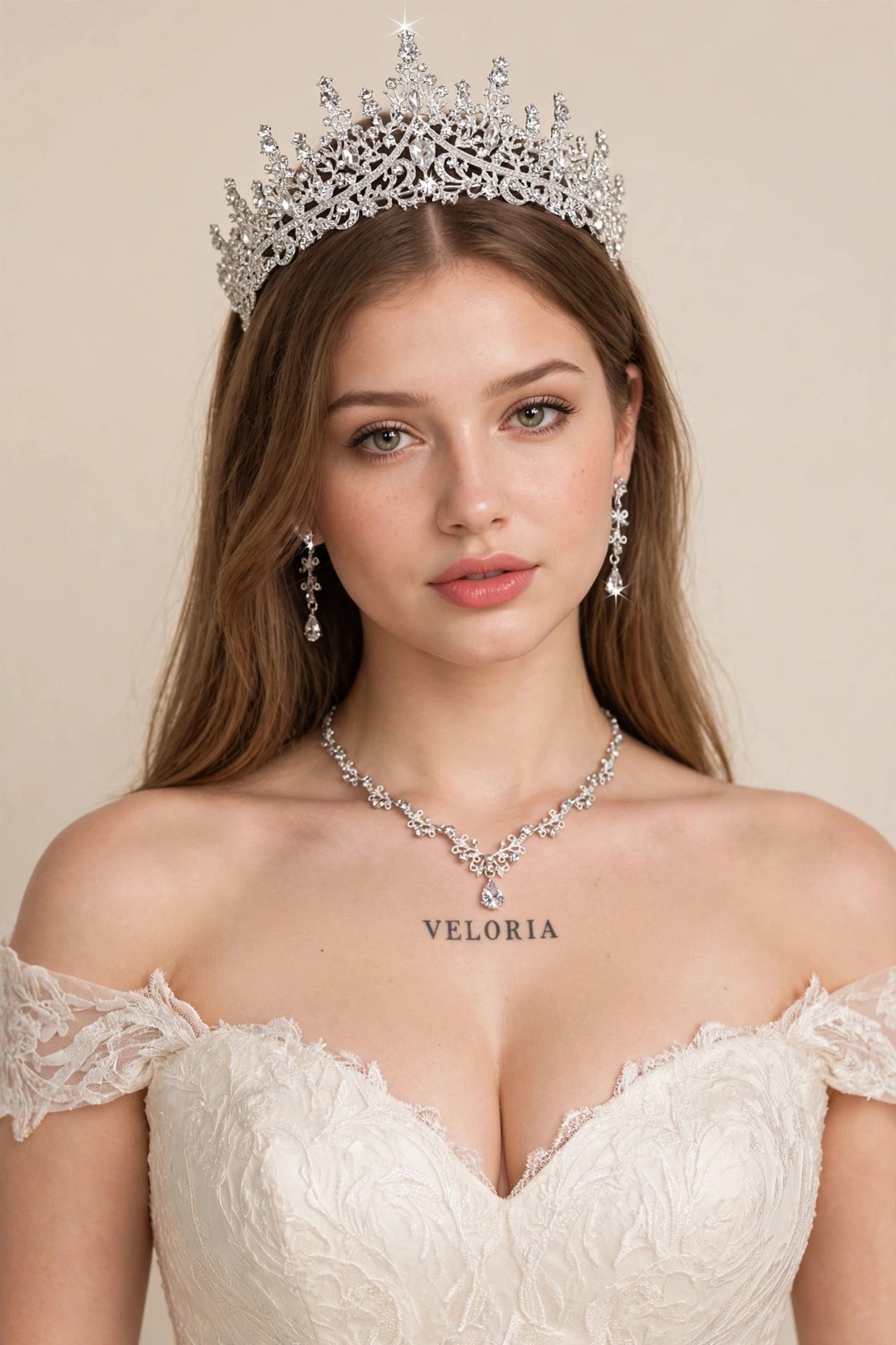 Bridal Tiara Set - Crystal Water Drop Wedding Set worn by model | Veloria