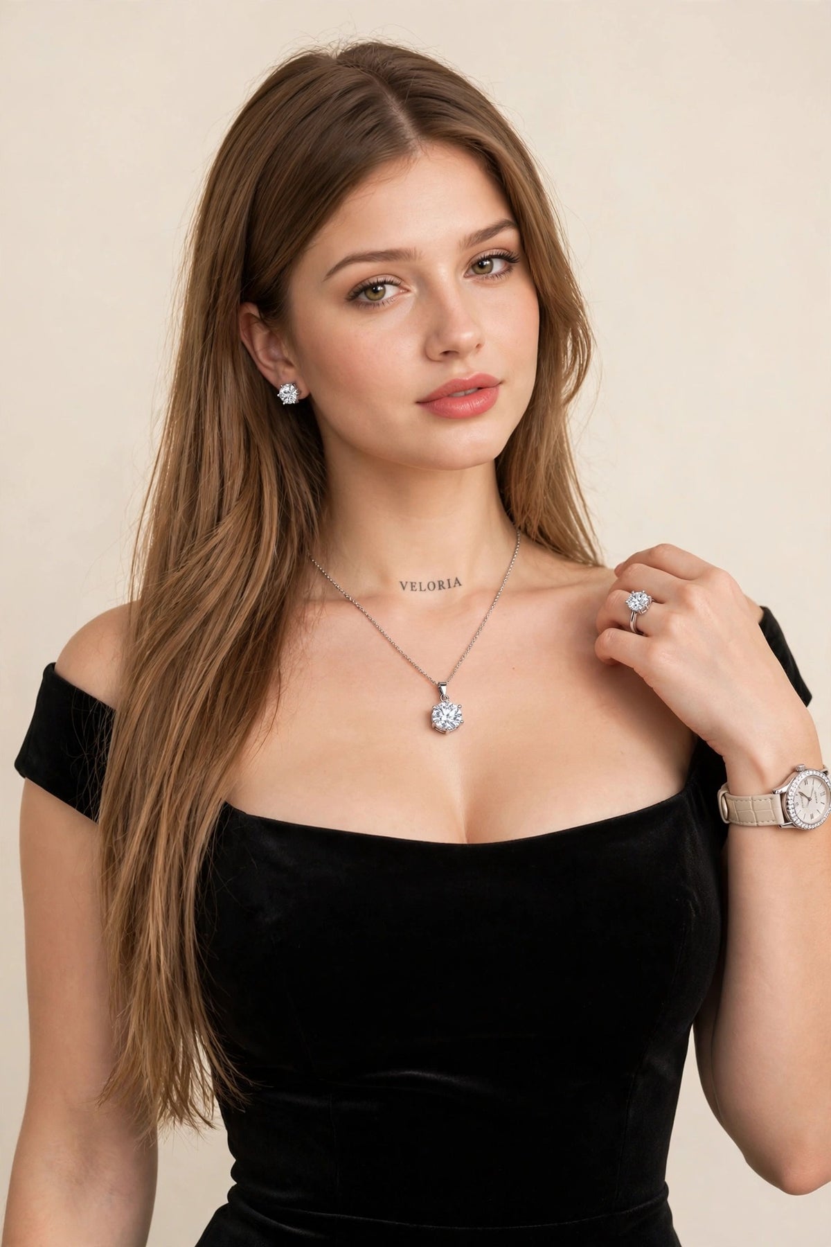 925 Silver Zircon Jewelry Set - AAAAA Crystal worn by model | Veloria