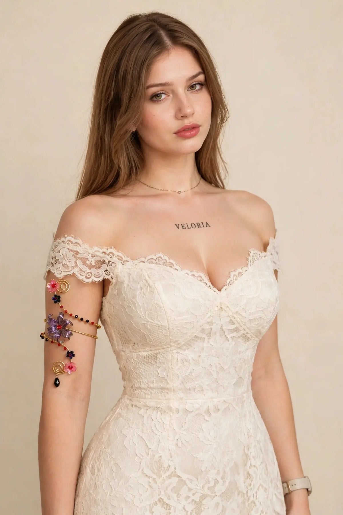 Wire Flower Arm Cuff - Handmade Floral Armlet worn by model | Veloria