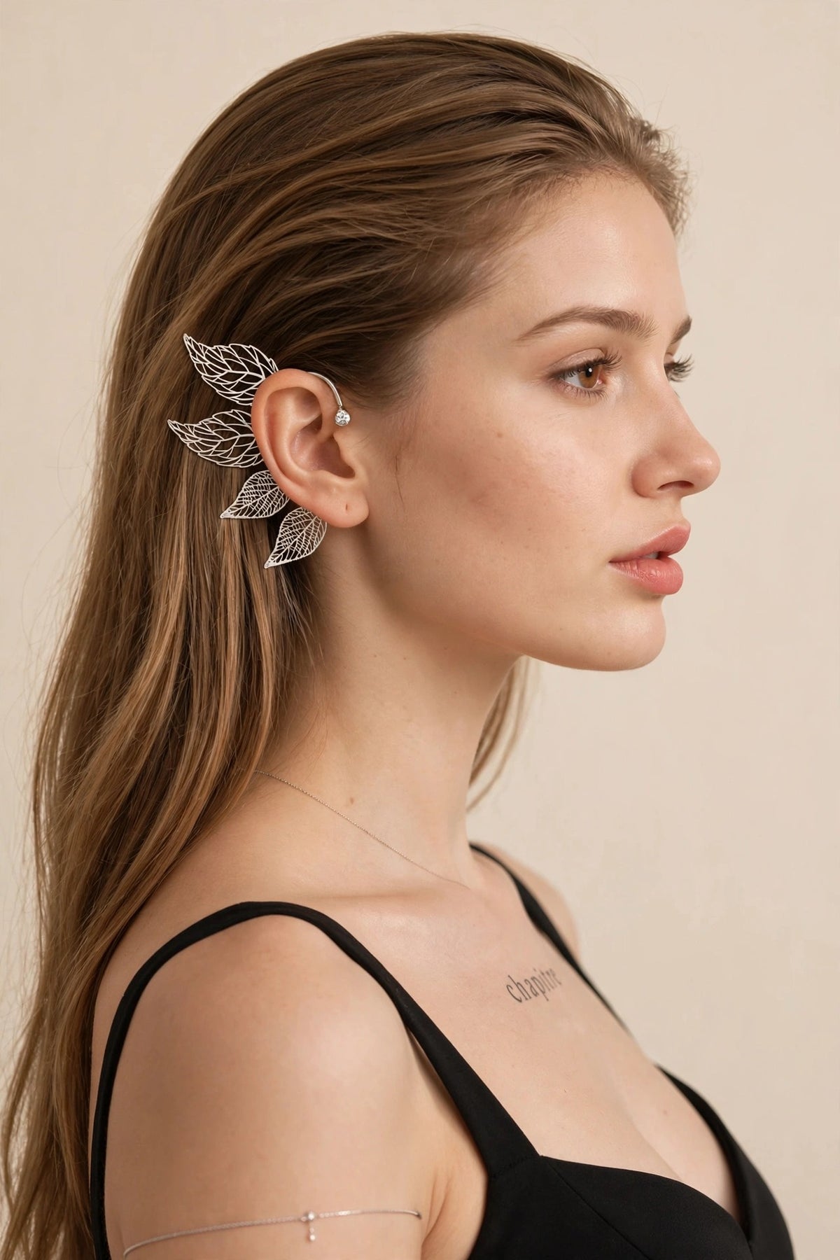 Leaf Zircon Clip Earrings - Hollow Fake Piercing worn by model | Veloria