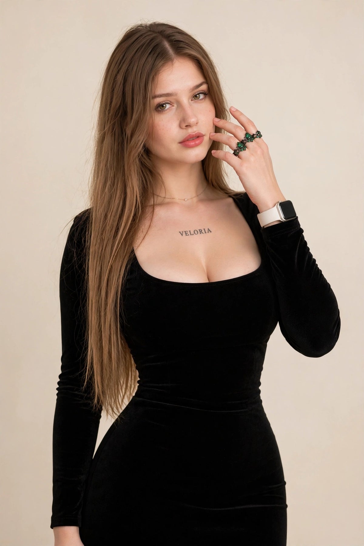 Green CZ Ring Set - 2PC Punk Stack Rings worn by model | Veloria