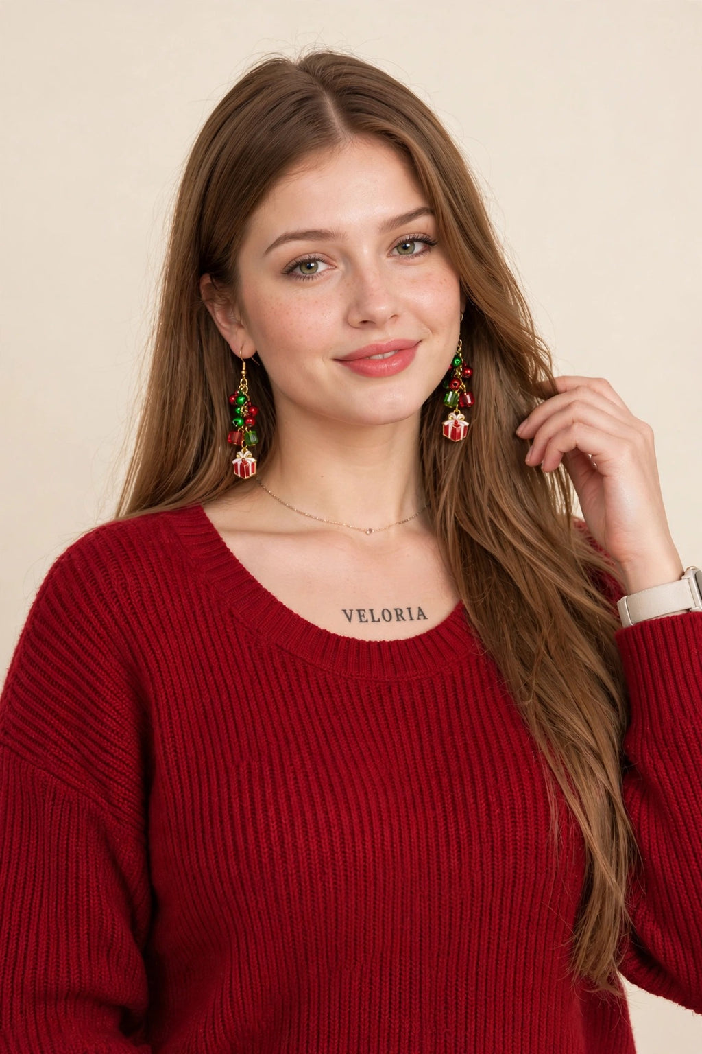 Christmas Dangle Earrings - Santa Snowman Snowflake worn by model | Veloria