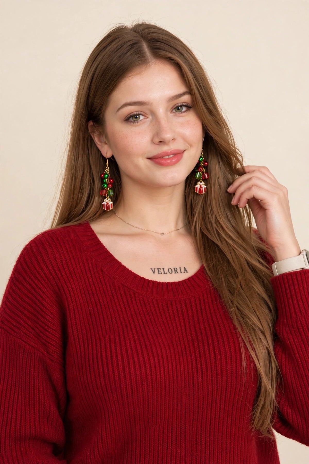 Christmas Dangle Earrings - Santa Snowman Snowflake worn by model | Veloria