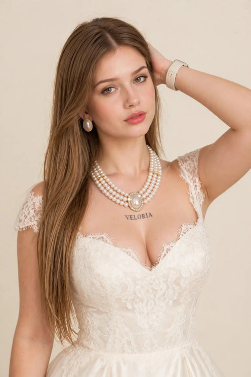 Bridal Pearl Necklace Set - Multi-Layer 3PC worn by model | Veloria