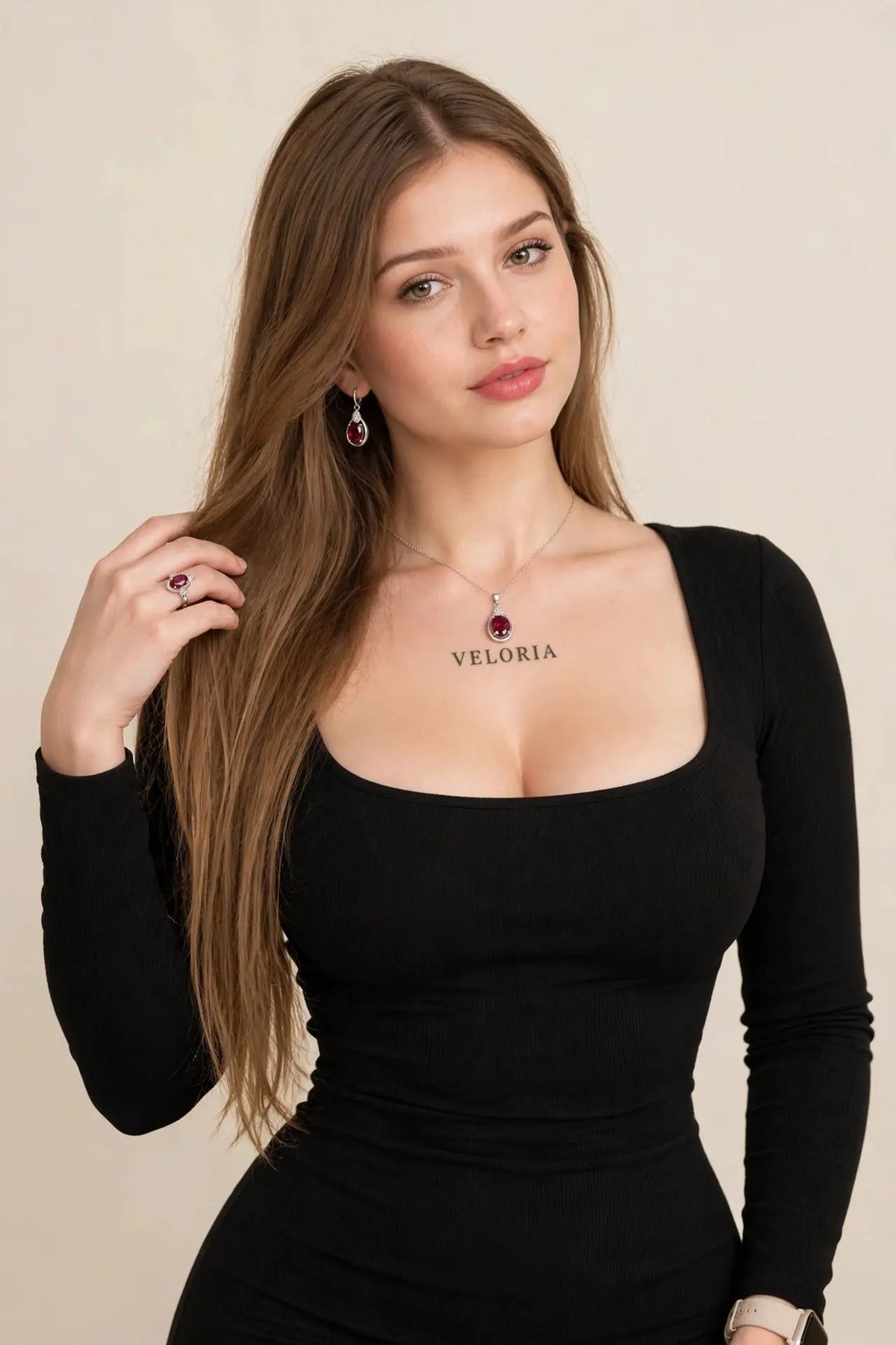 Ruby Jewelry Set - 925 Sterling Silver 3PC worn by model | Veloria