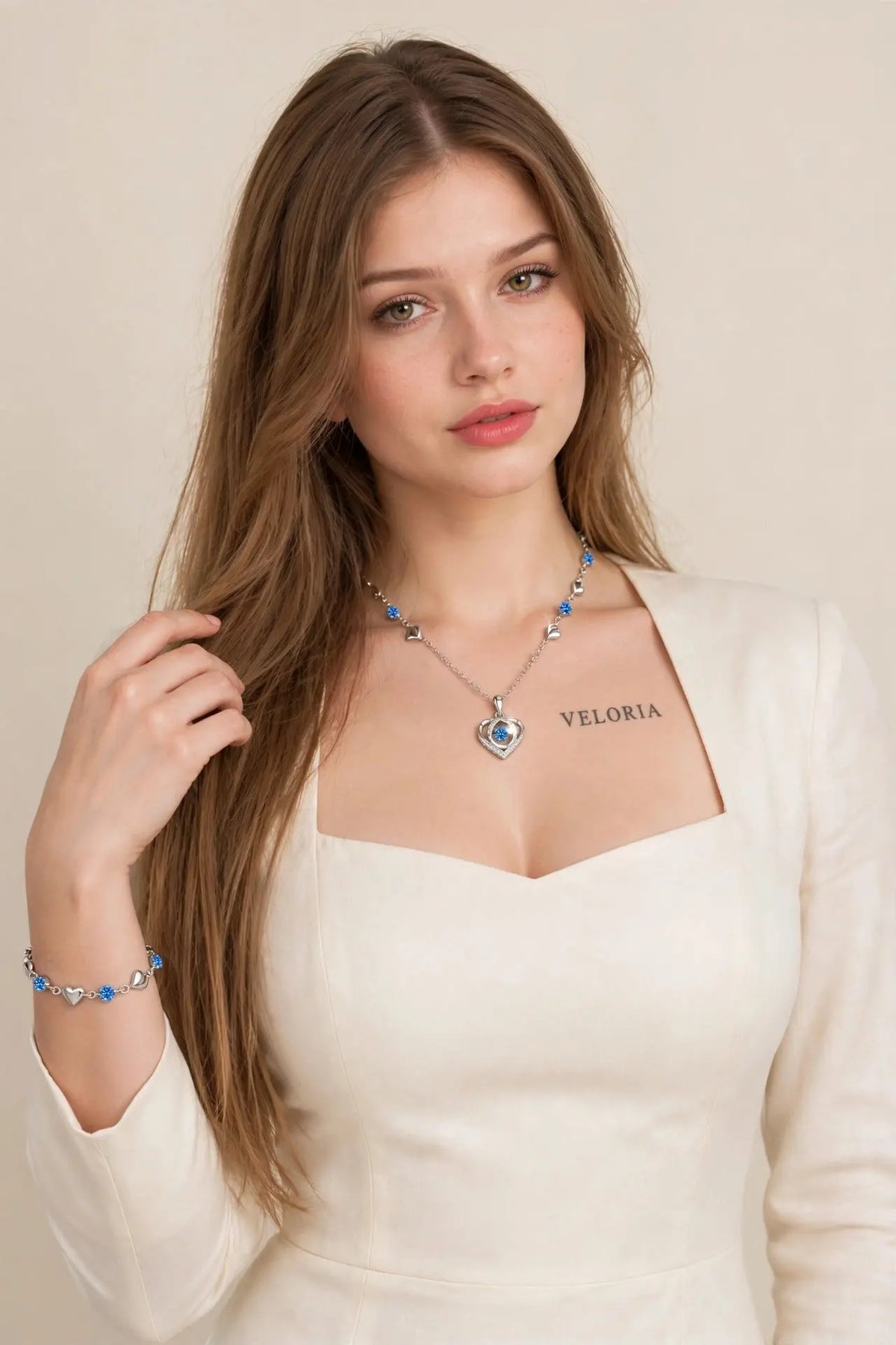Heart Necklace Bracelet Set - 925 Silver worn by model | Veloria