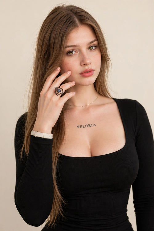 Black Geometric Ring - Colored Zircon worn by model | Veloria