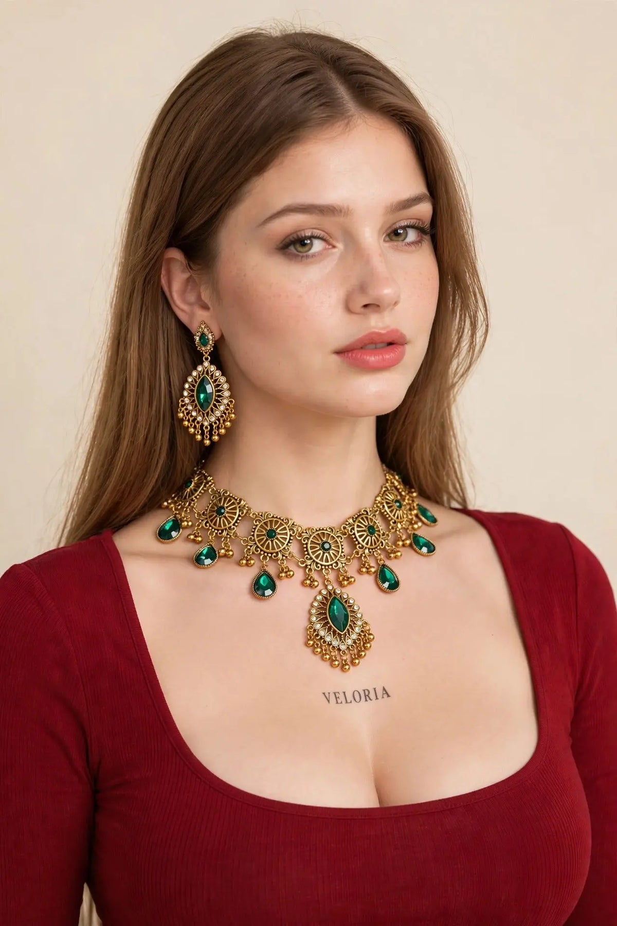 Dubai Tassel Jewelry Set - Indian Wedding Style worn by model | Veloria