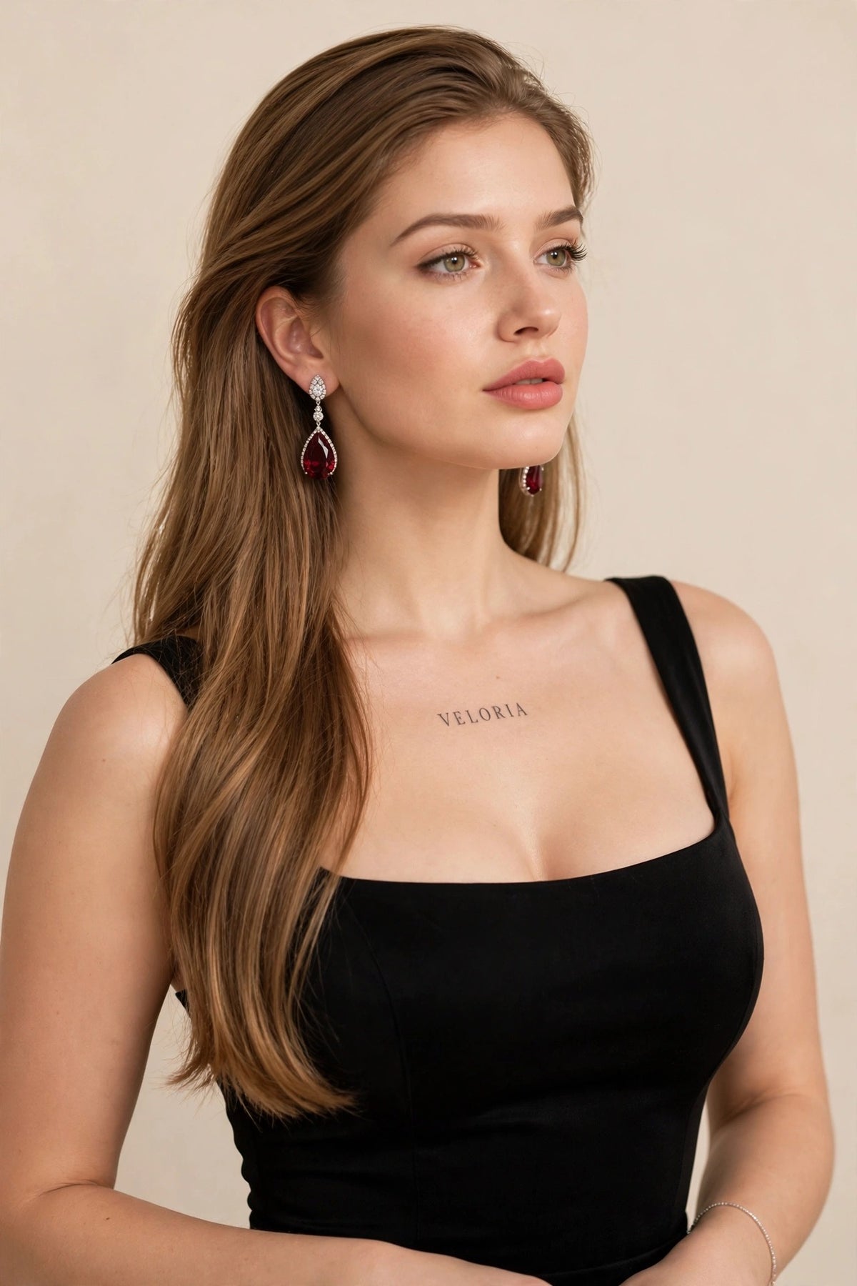 Red Water Drop Earrings - Cubic Zirconia worn by model | Veloria