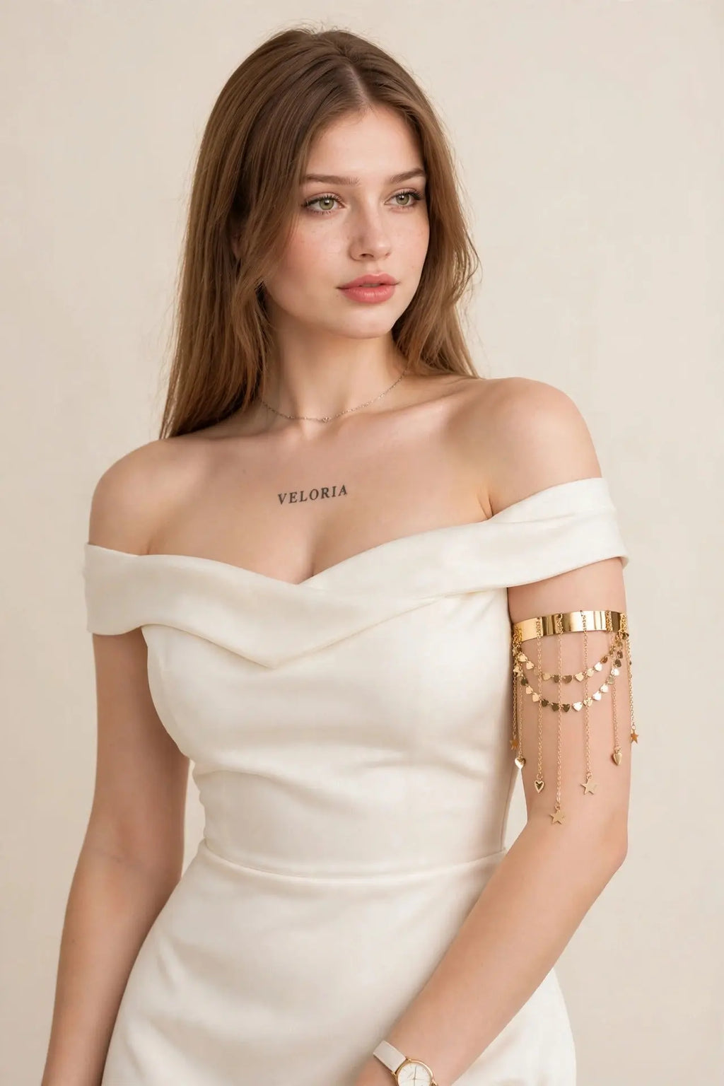 Upper Arm Chain Bracelet - Tassel Star Heart Armband worn by model | Veloria