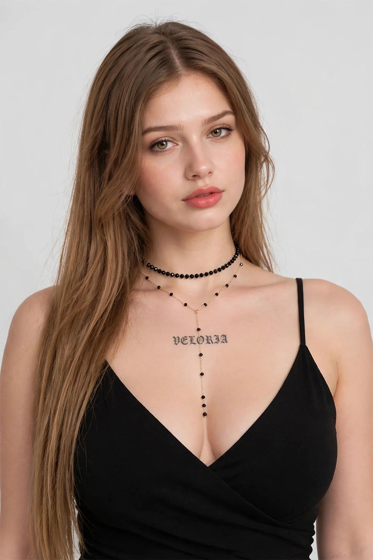 Black Crystal Layered Necklace - Y Choker worn by model | Veloria