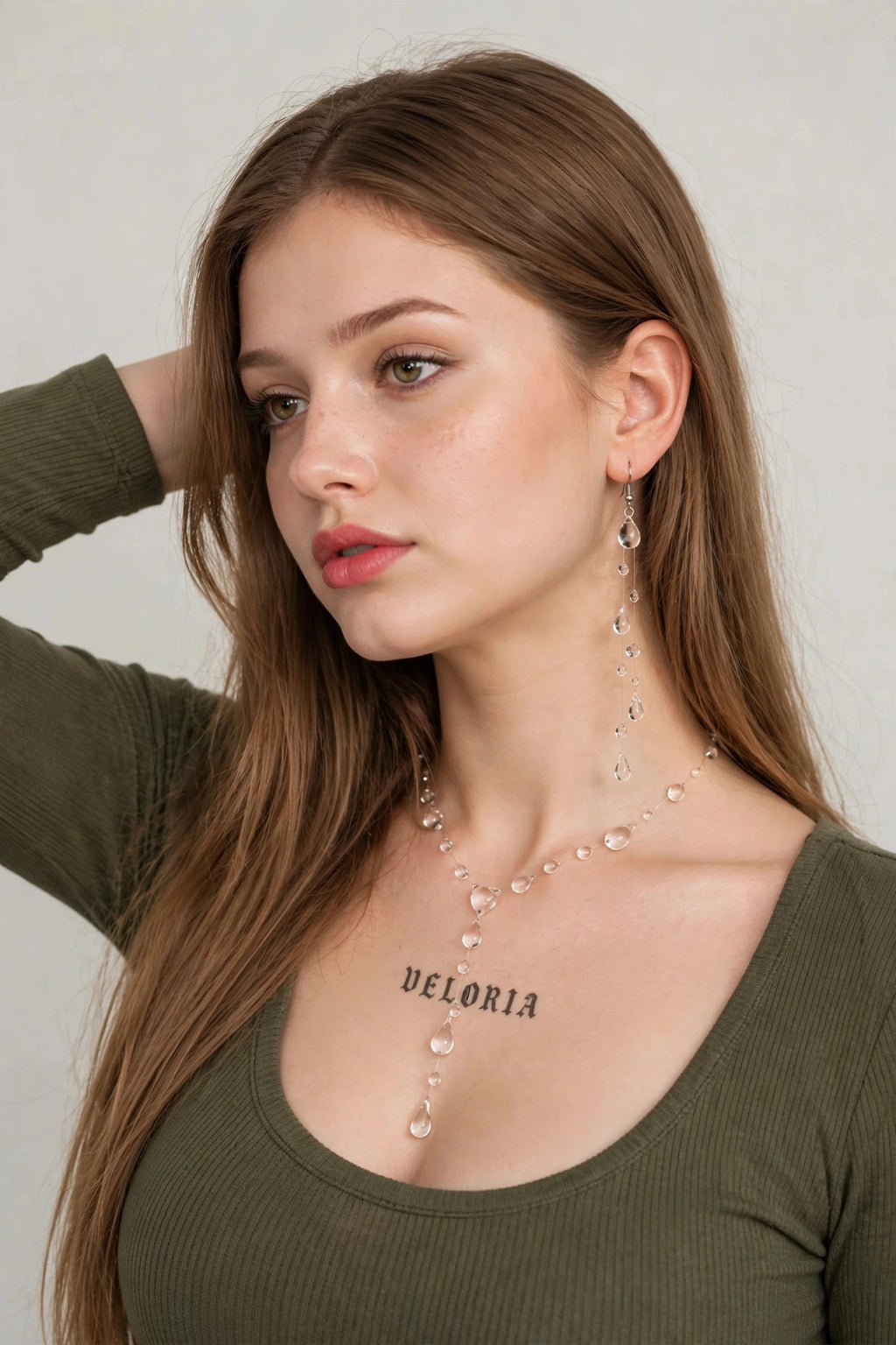Water Drop Necklace & Earrings Set - Glass worn by model | Veloria