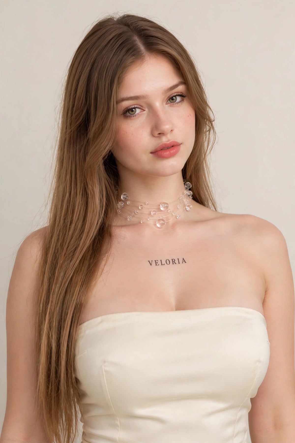 Invisible Clear Water Drop Choker Necklace worn by model | Veloria