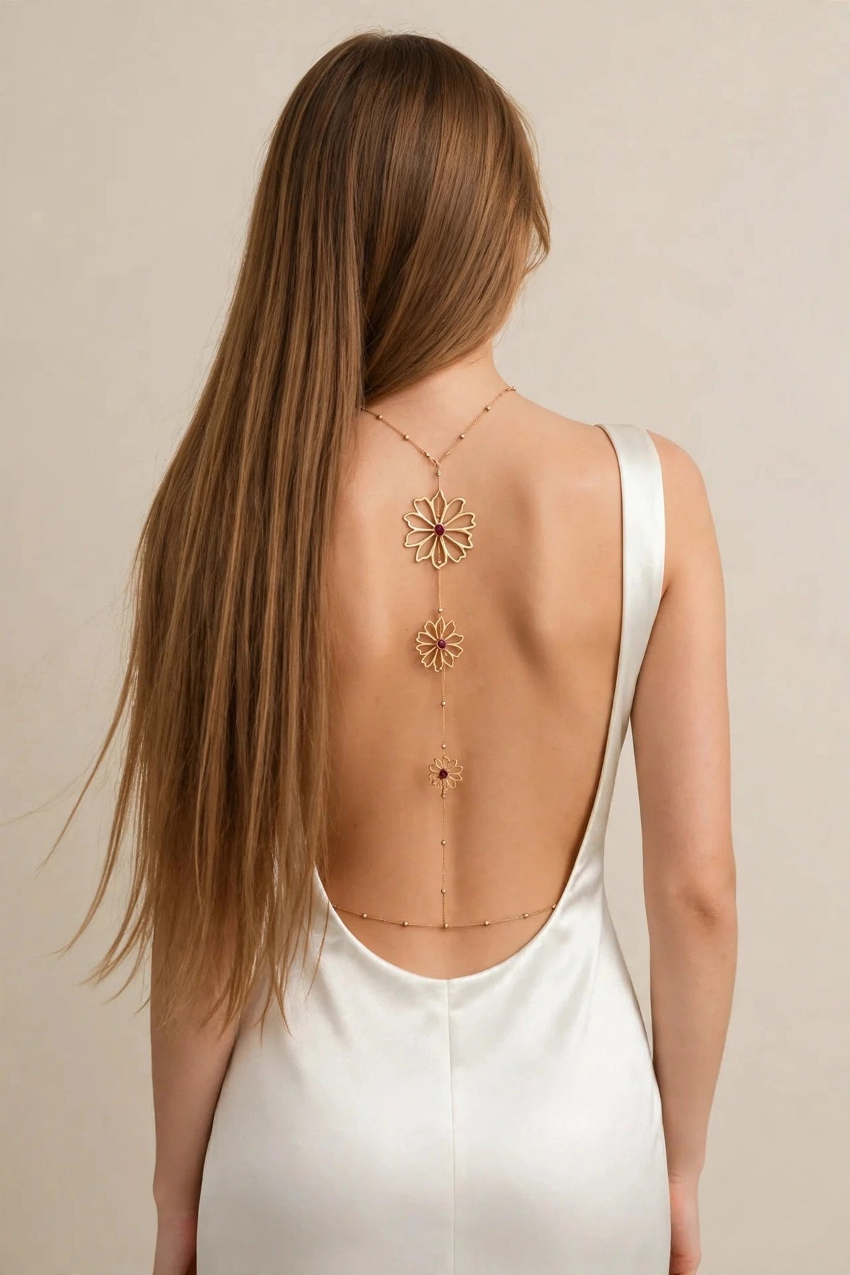 Bohemian Floral Back Chain Necklace worn by model | Veloria