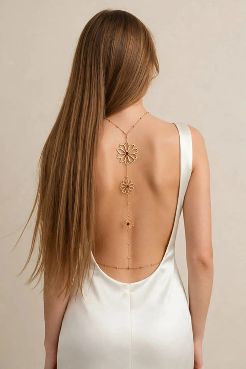 Bohemian Floral Back Chain Necklace worn by model | Veloria