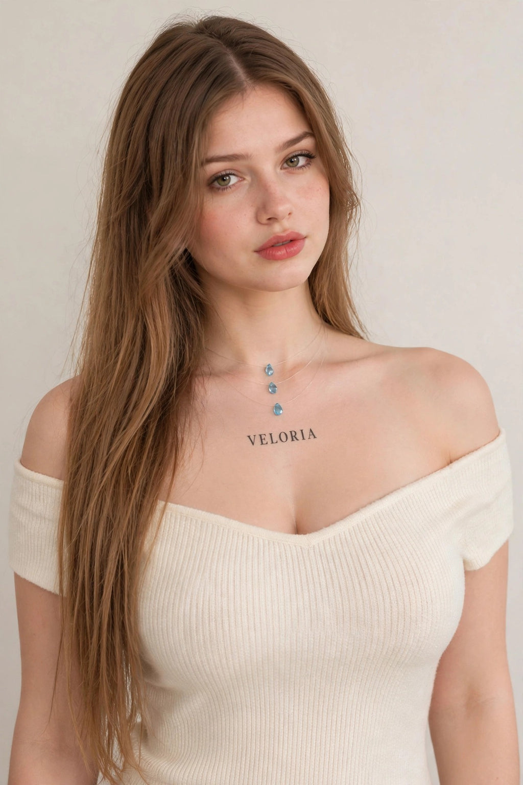 Water Droplet Pendant Necklace - Ice Glass worn by model | Veloria