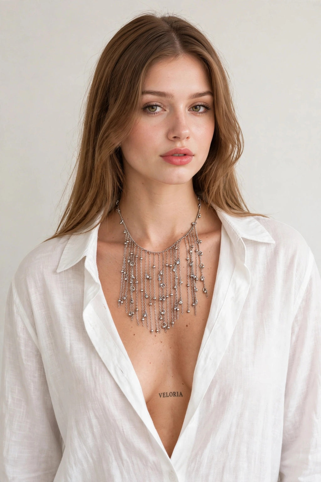 Beaded Fringe Necklace - Crystal Ball Chain worn by model | Veloria