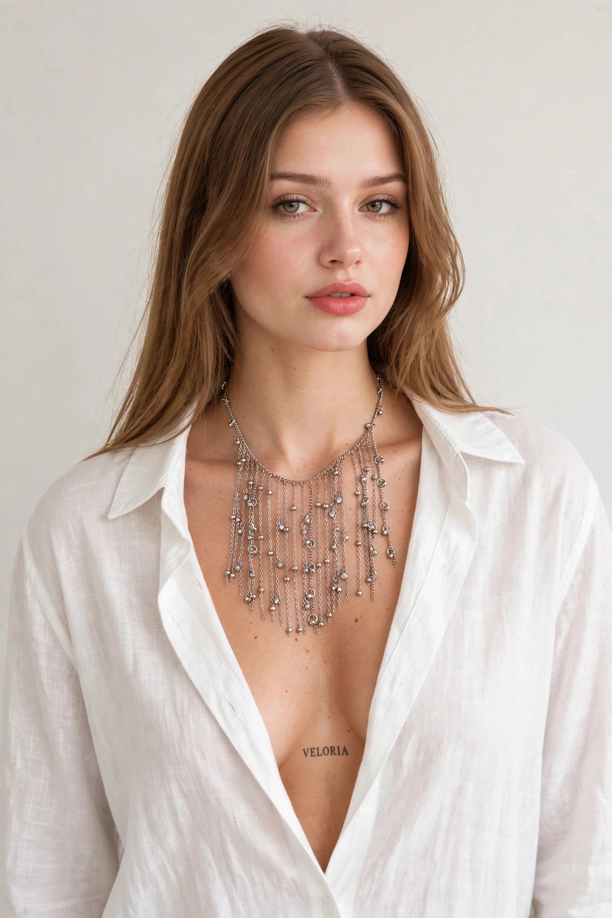 Beaded Fringe Necklace - Crystal Ball Chain worn by model | Veloria