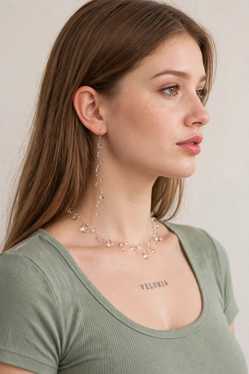 Clear Dewdrop Jewelry Set - Necklace Earrings Bracelet worn by model | Veloria