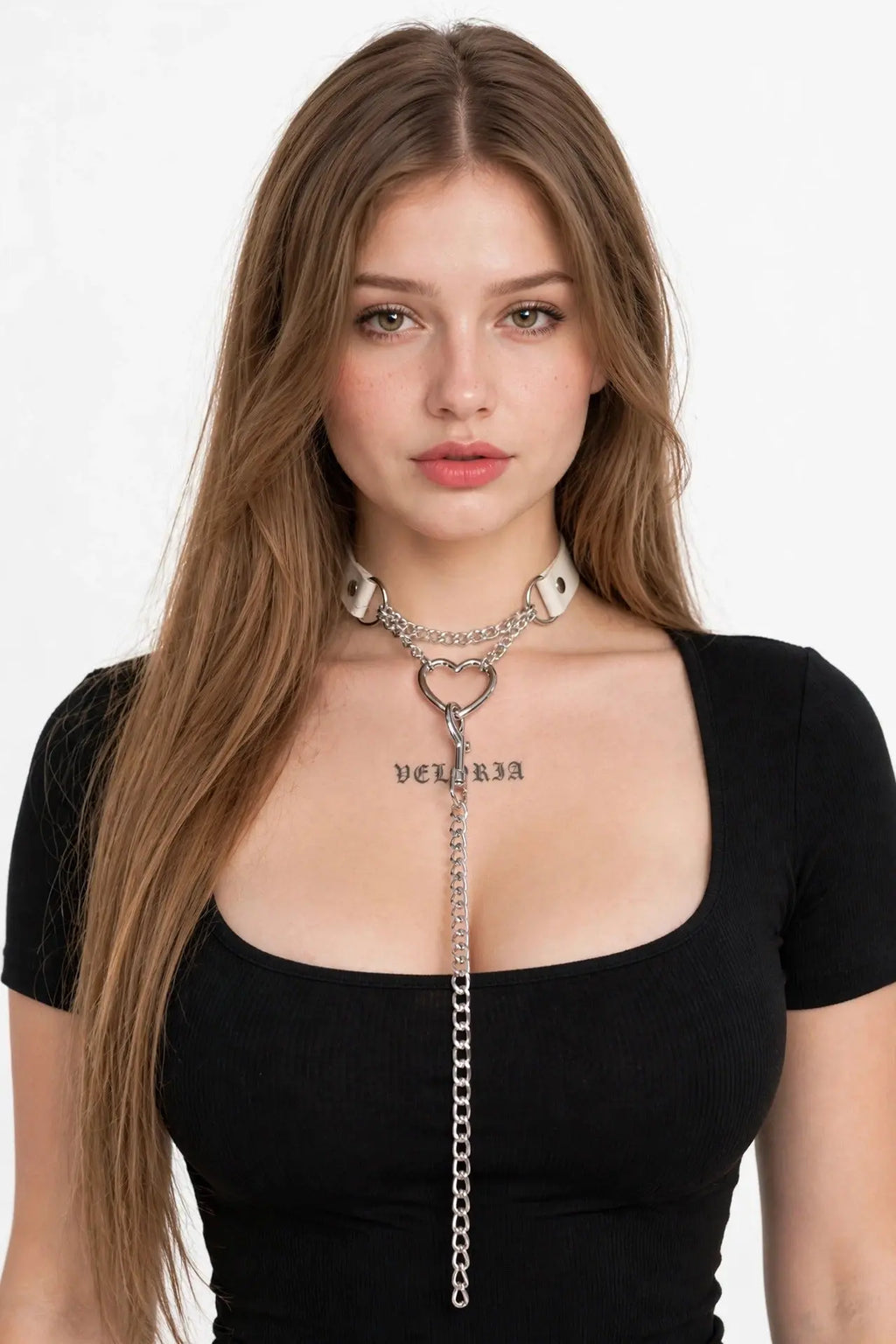 Heart Collar Choker Necklace with Chain Leash worn by model | Veloria
