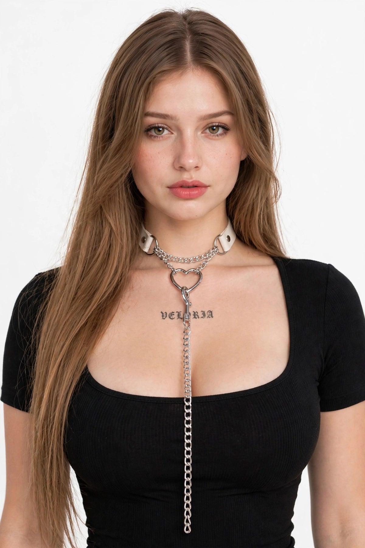 Heart Collar Choker Necklace with Chain Leash worn by model | Veloria