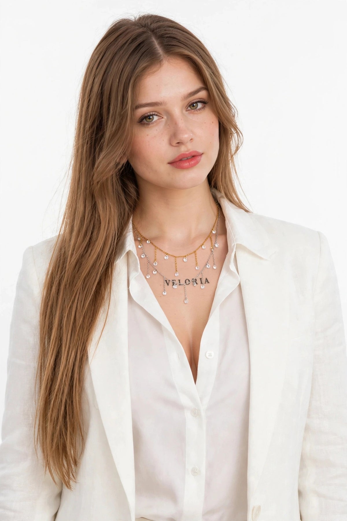 Zircon Tassel Layered Necklace - Stainless Steel worn by model | Veloria