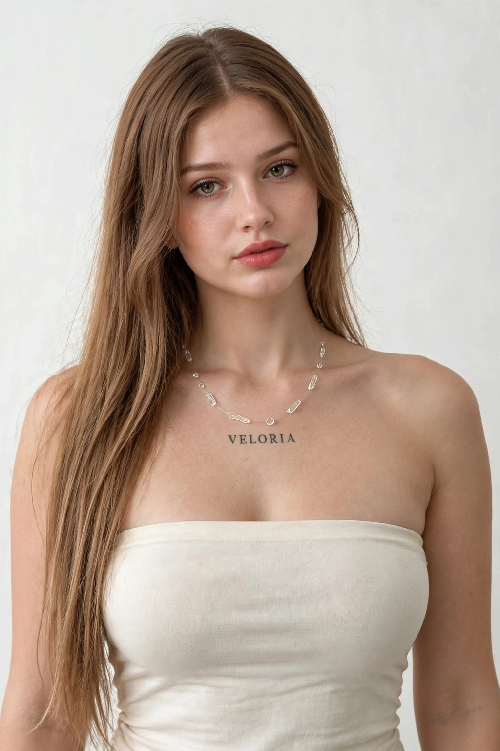 Irregular Clear Bead Necklace - Resin Dewdrop worn by model | Veloria