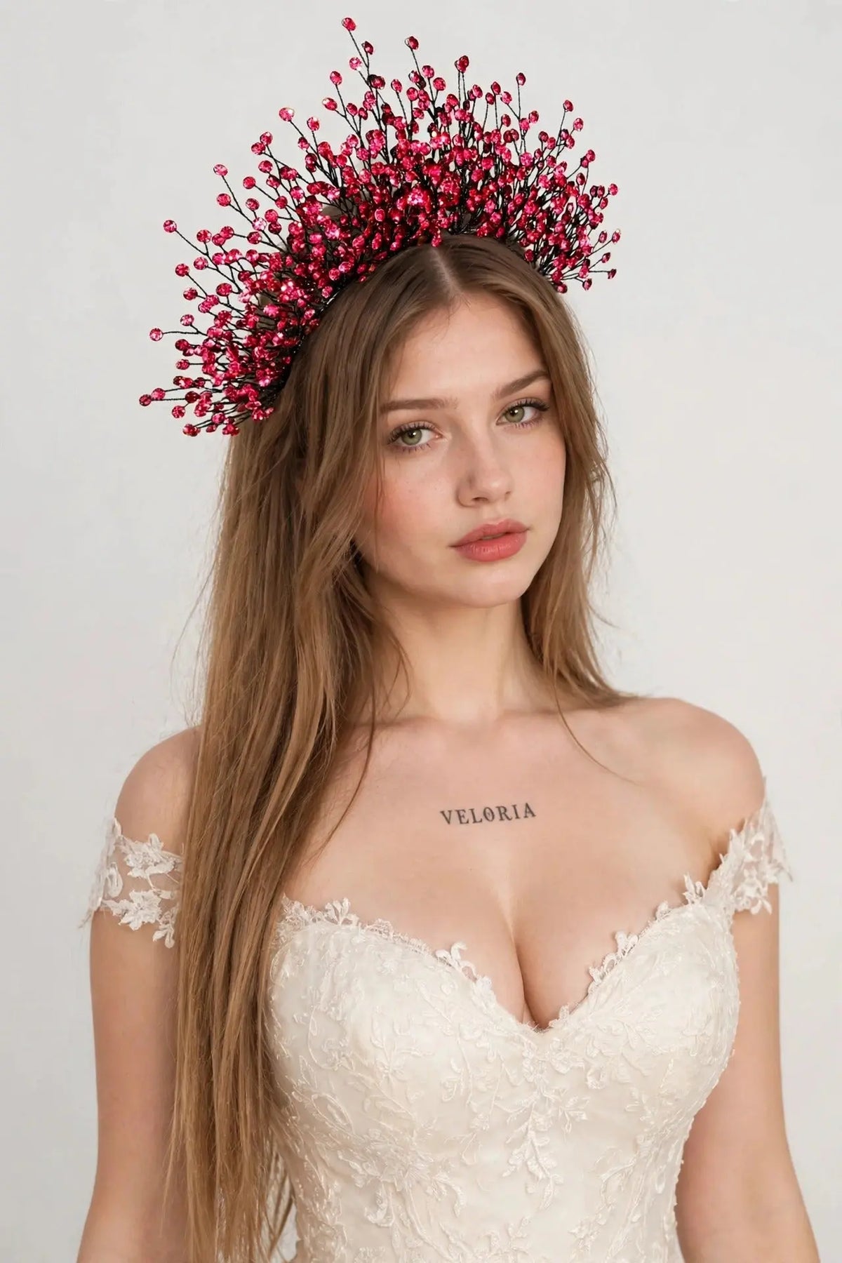 Rose Red Rhinestone Crown Headband - Handmade Bridal Headpiece worn by model | Veloria