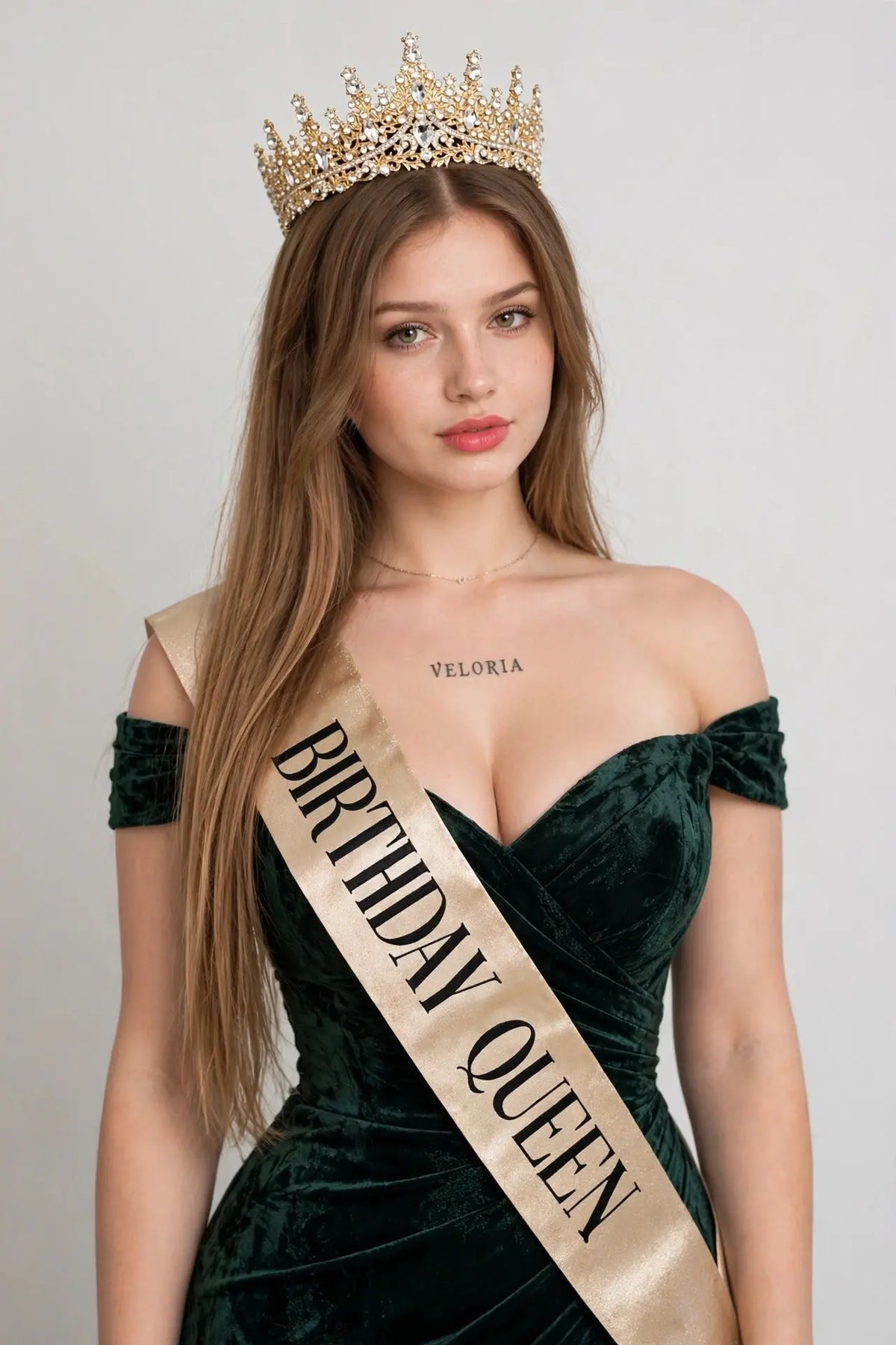 Gold Queen Crown and Sash Set - Crystal Tiara worn by model | Veloria
