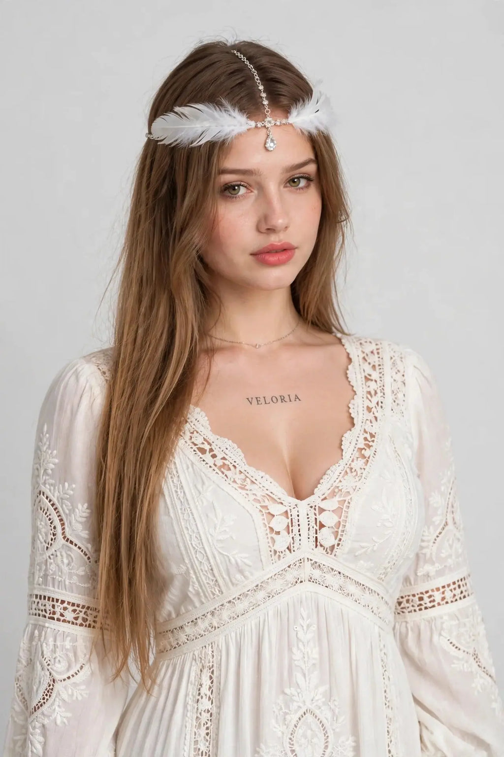 White Feather Forehead Headband - Rhinestone Head Chain worn by model | Veloria
