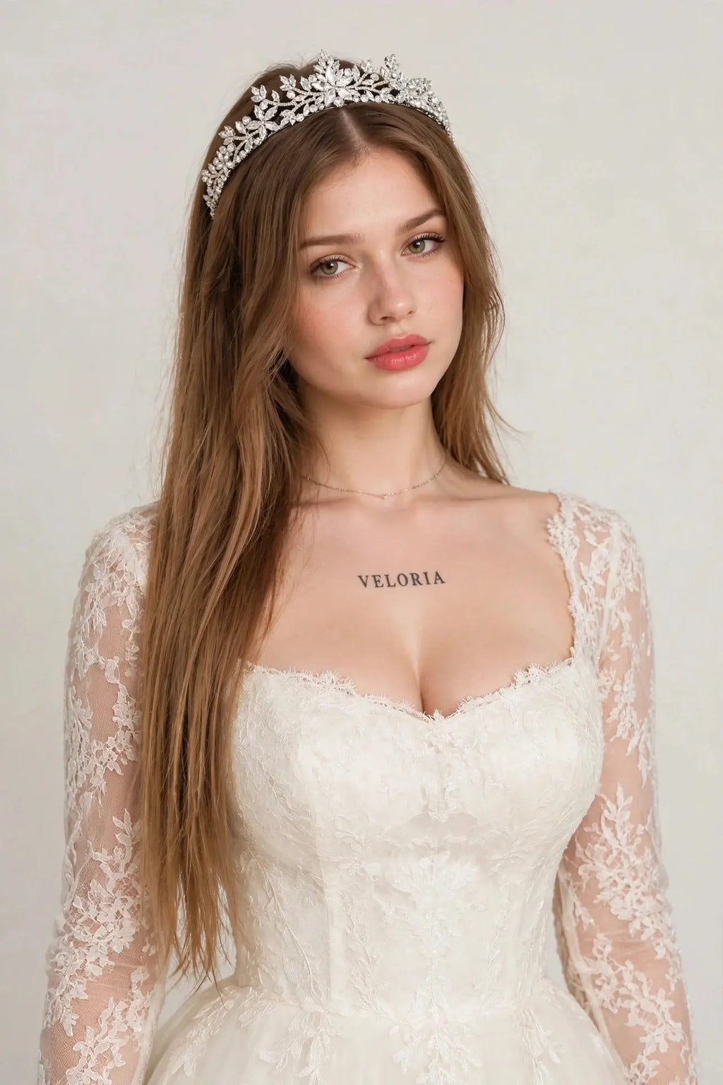 Luxury Crystal Bridal Crown - Heart Tiara Headpiece worn by model | Veloria